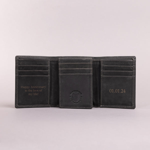 Personalised Engraved Trifold Black Hunter Leather Wallet