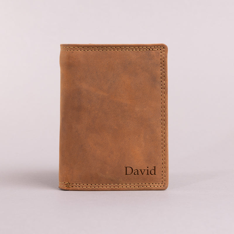 Personalised Engraved Trifold Cognac Hunter Leather Wallet