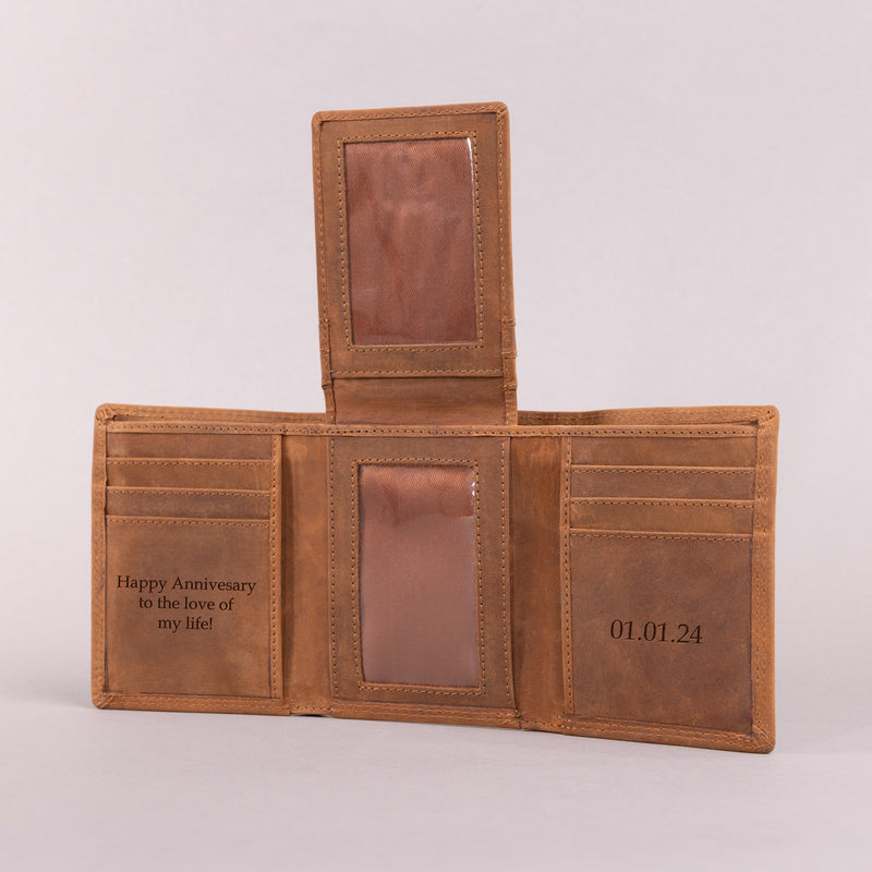 Personalised Engraved Trifold Cognac Hunter Leather Wallet