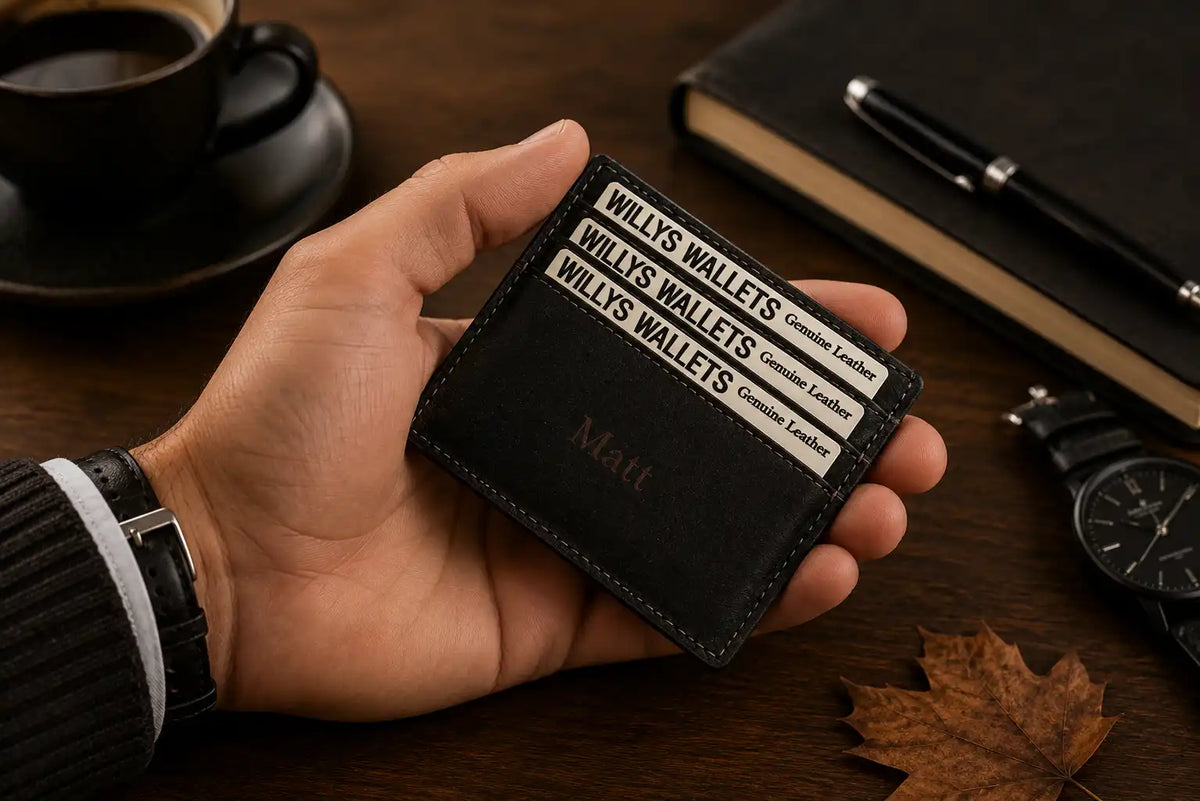 Personalised Black Leather Card Holder – Slim Hunter Wallet with RFID Protection