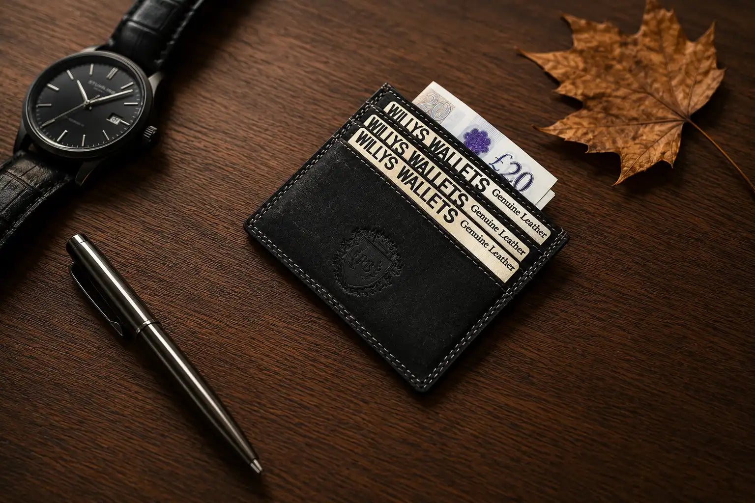 Personalised Black Leather Card Holder – Slim Hunter Wallet with RFID Protection