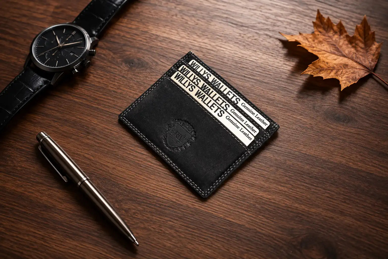 Personalised Black Leather Card Holder – Slim Hunter Wallet with RFID Protection