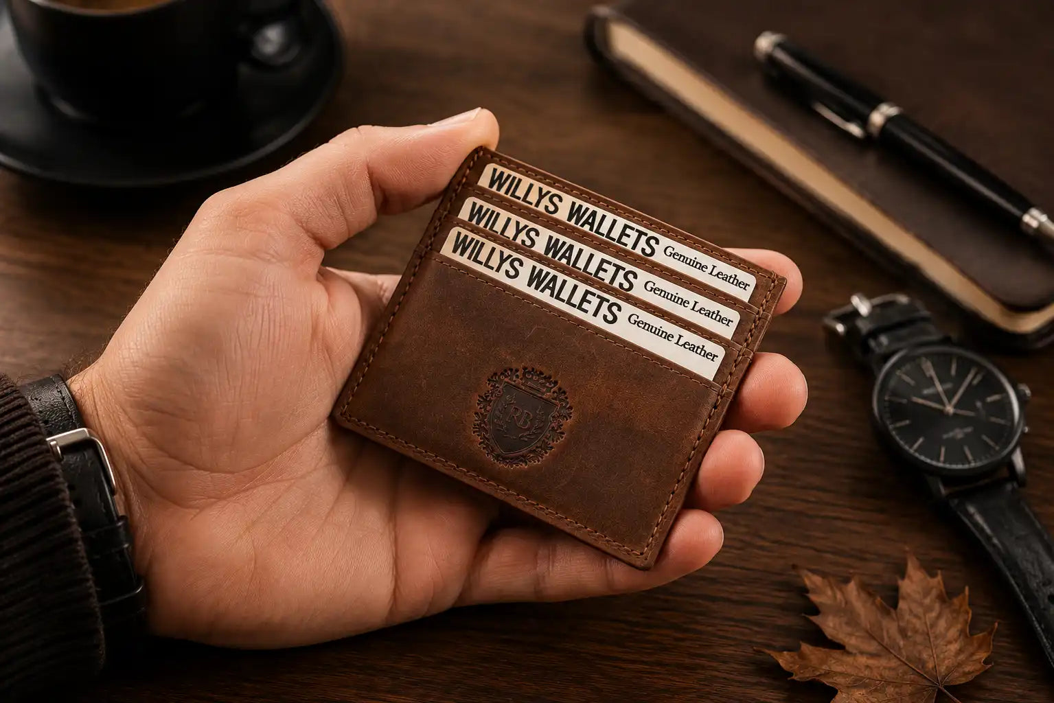 Personalised Cognac Leather Card Holder – Slim Hunter Wallet with RFID