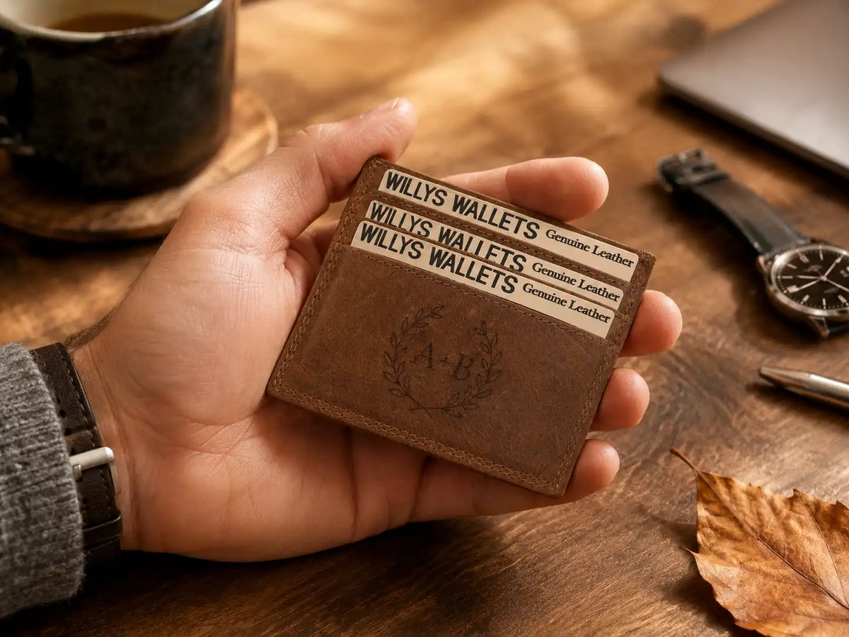 Personalised Cognac Leather Card Holder – Slim Hunter Wallet with RFID