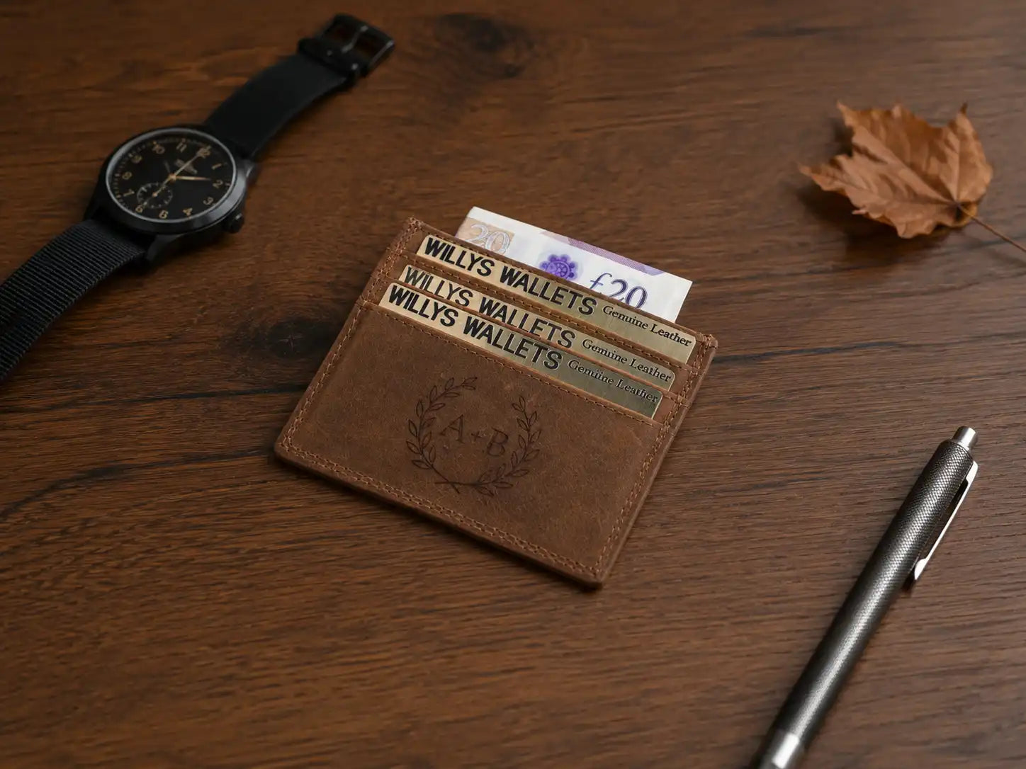 Personalised Cognac Leather Card Holder – Slim Hunter Wallet with RFID