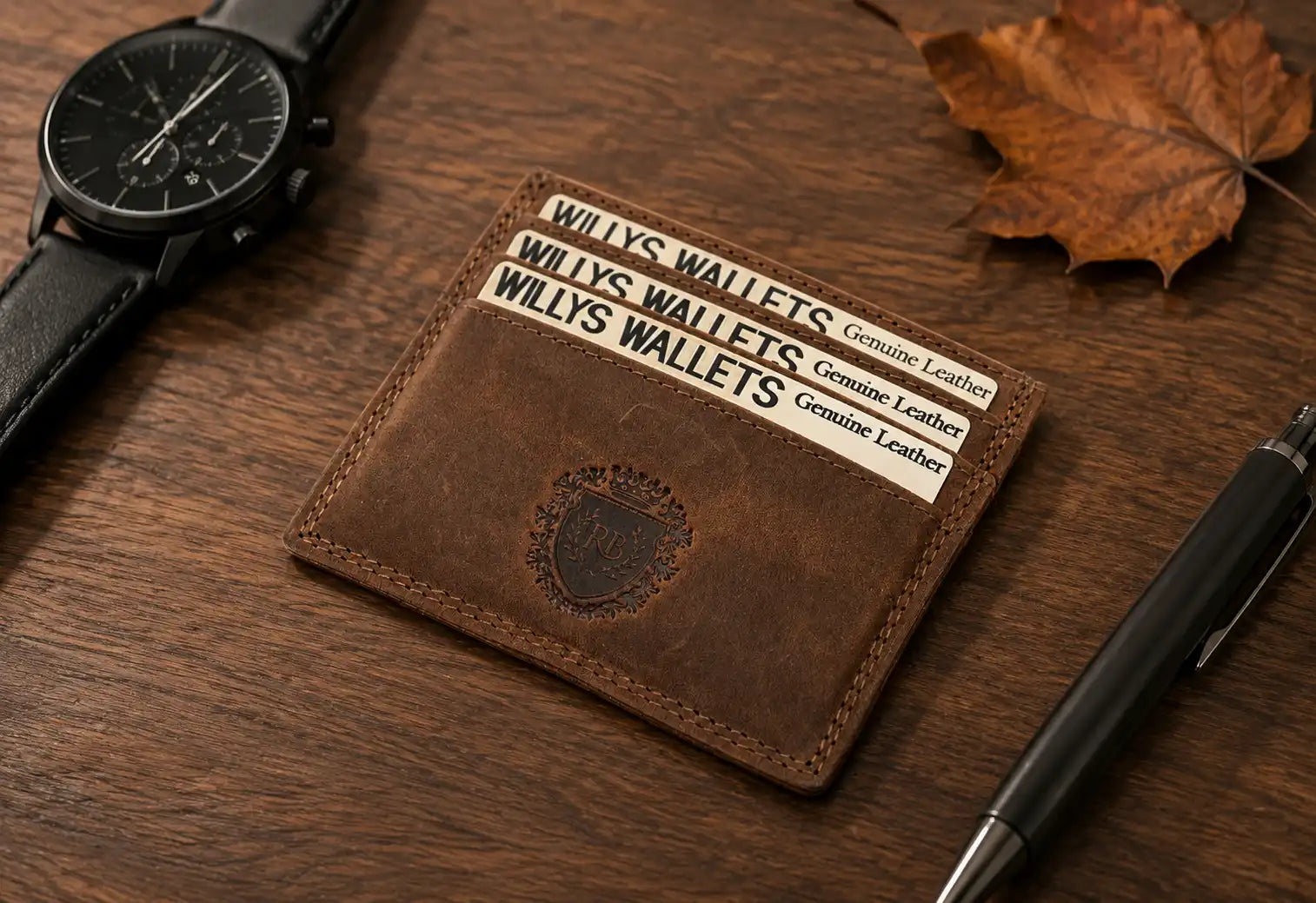 Personalised Cognac Leather Card Holder – Slim Hunter Wallet with RFID