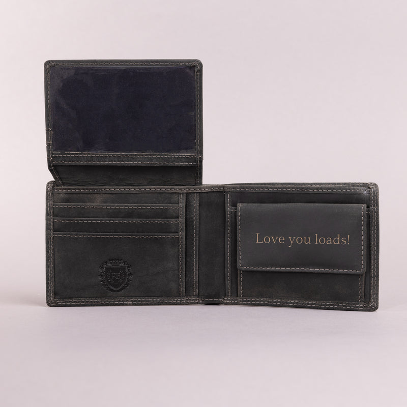 Personalised Engraved Bifold Black Hunter Leather Wallet With Coin Pocket