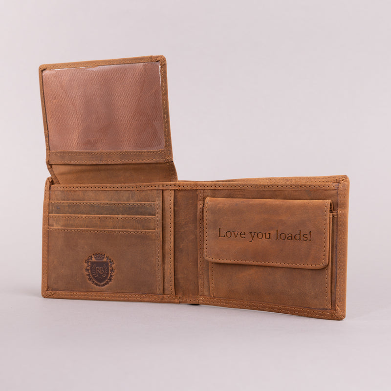 Personalised Engraved Bifold Cognac Hunter Leather Wallet With Coin Pocket