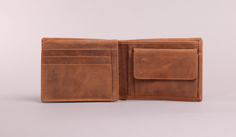 Personalised Engraved Bifold Cognac Hunter Leather Wallet With Coin Pocket