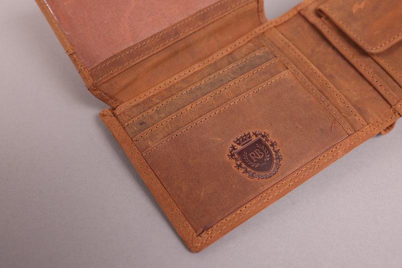 Personalised Engraved Bifold Cognac Hunter Leather Wallet With Coin Pocket