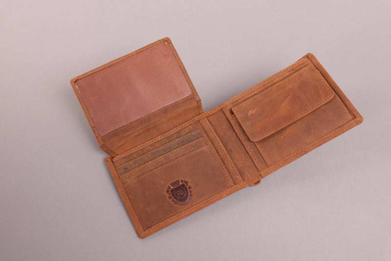 Personalised Engraved Bifold Cognac Hunter Leather Wallet With Coin Pocket