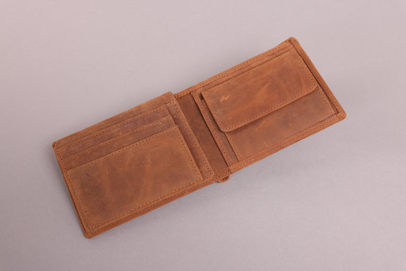 Personalised Engraved Bifold Cognac Hunter Leather Wallet With Coin Pocket