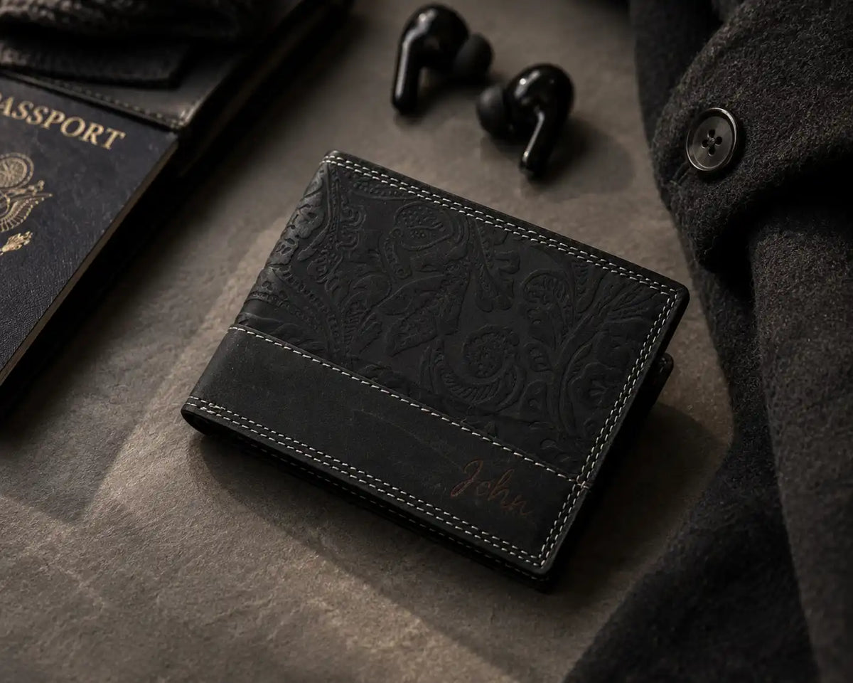 Personalised Black Leather Wallet – Bifold Hunter Style with Coin Pocket & RFID