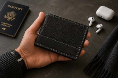 Personalised Black Leather Wallet – Bifold Hunter Style with Coin Pocket & RFID