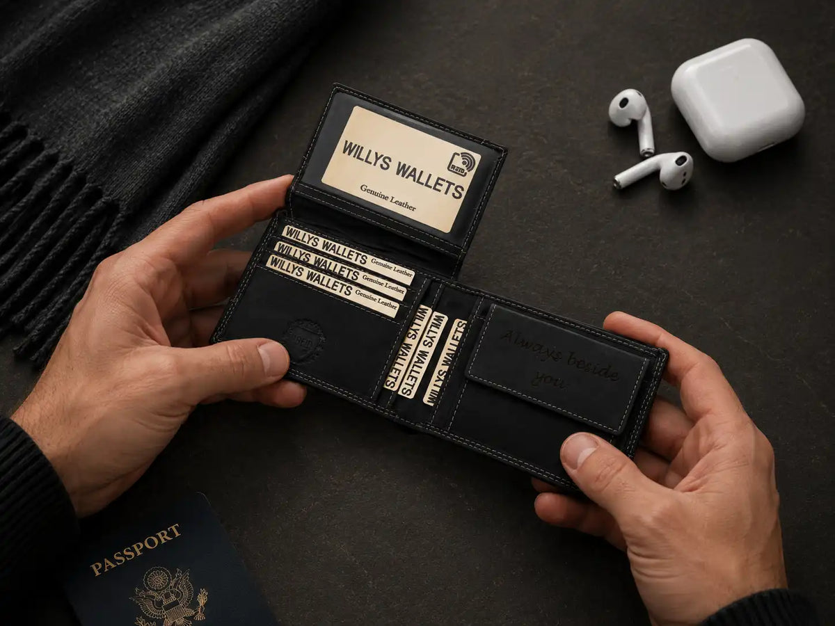 Personalised Black Leather Wallet – Bifold Hunter Style with Coin Pocket & RFID