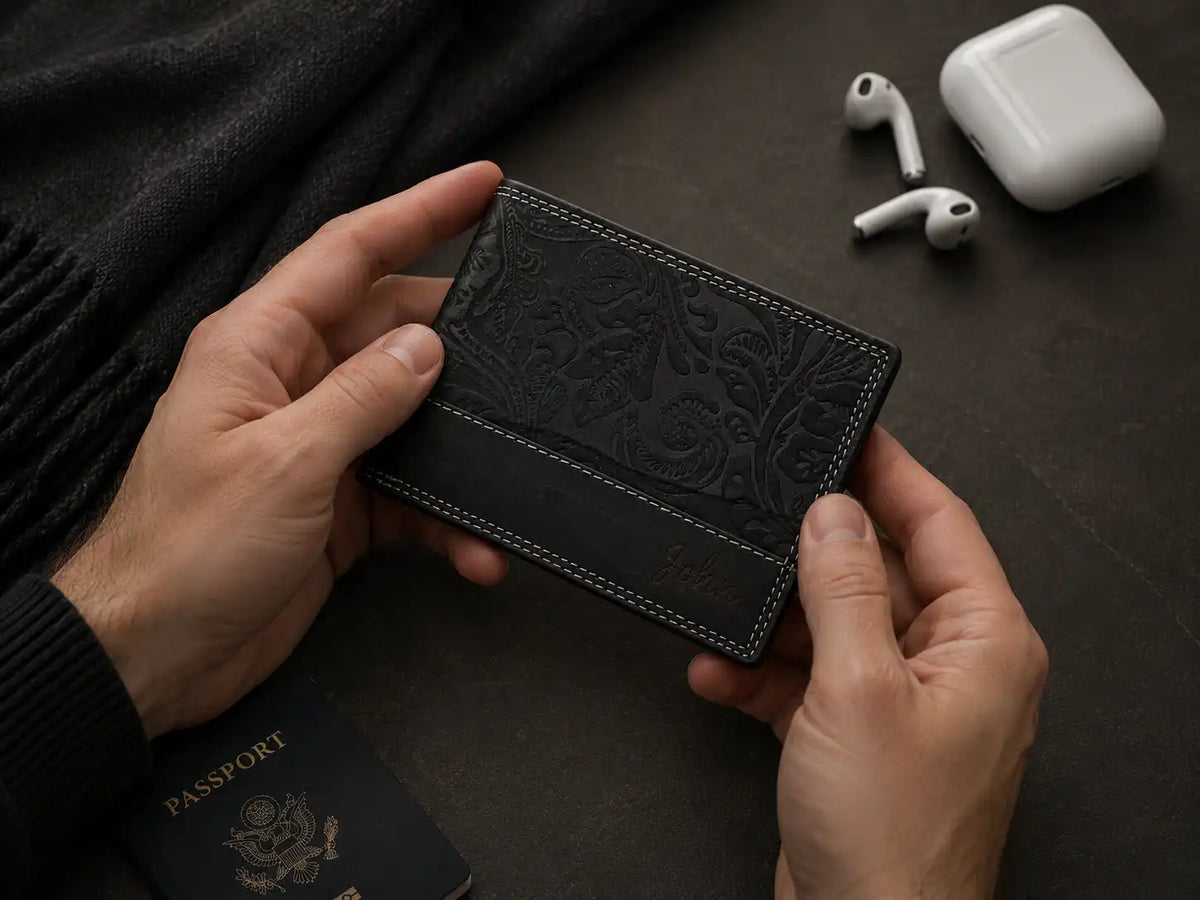 Personalised Black Leather Wallet – Bifold Hunter Style with Coin Pocket & RFID