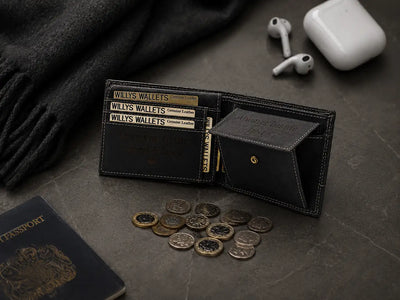 Personalised Black Leather Wallet – Bifold Hunter Style with Coin Pocket & RFID