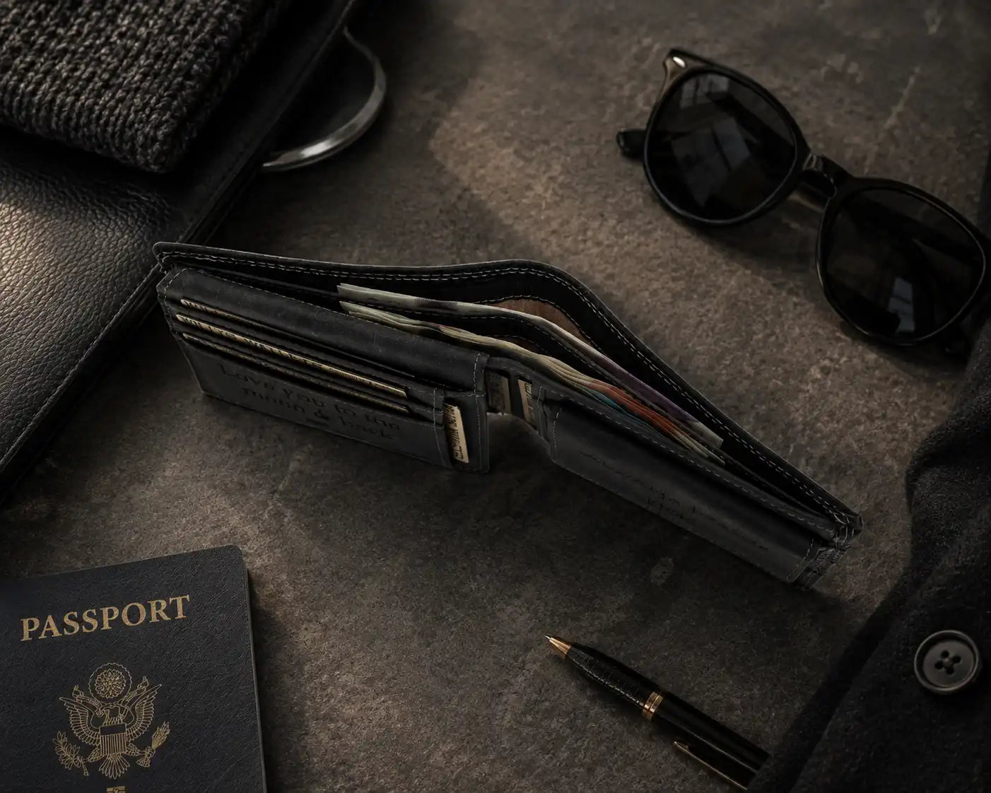 Personalised Black Leather Wallet – Bifold Hunter Style with Coin Pocket & RFID