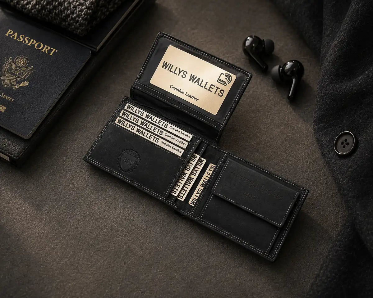 Personalised Black Leather Wallet – Bifold Hunter Style with Coin Pocket & RFID