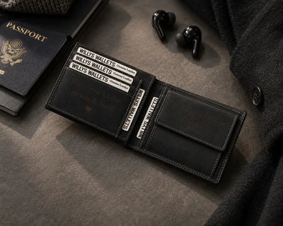 Personalised Black Leather Wallet – Bifold Hunter Style with Coin Pocket & RFID