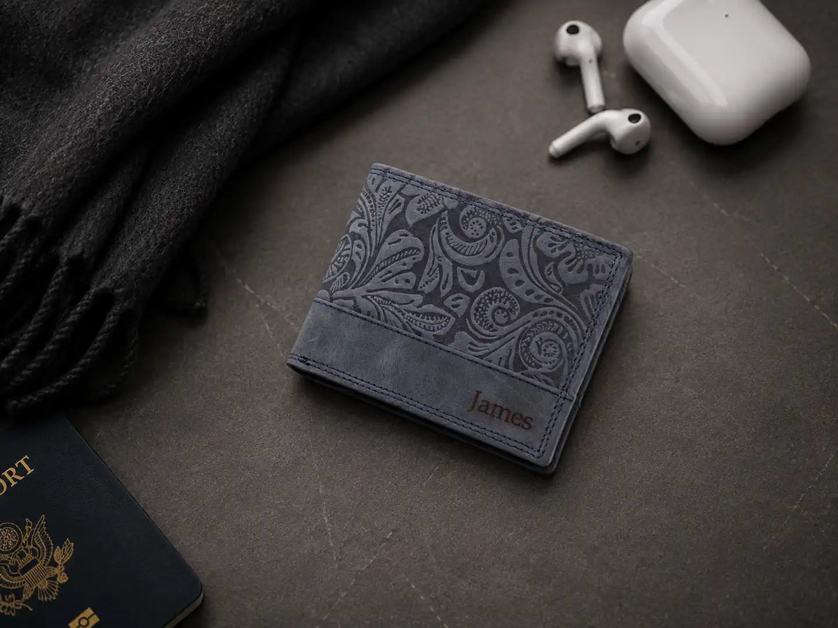Personalised Navy Leather Wallet – Bifold Hunter Style with Floral Exterior & RFID