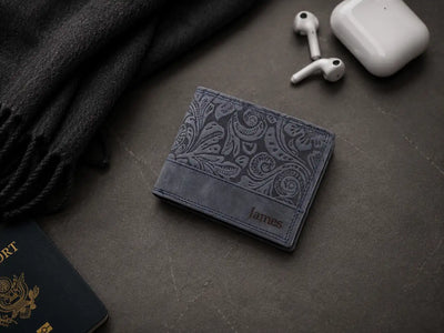 Personalised Navy Leather Wallet – Bifold Hunter Style with Floral Exterior & RFID