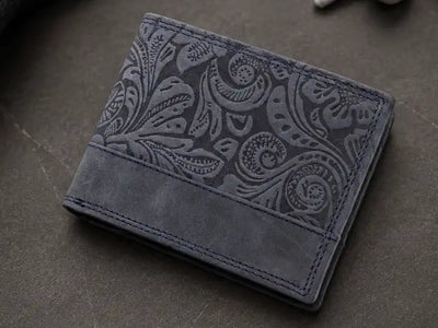 Personalised Navy Leather Wallet – Bifold Hunter Style with Floral Exterior & RFID
