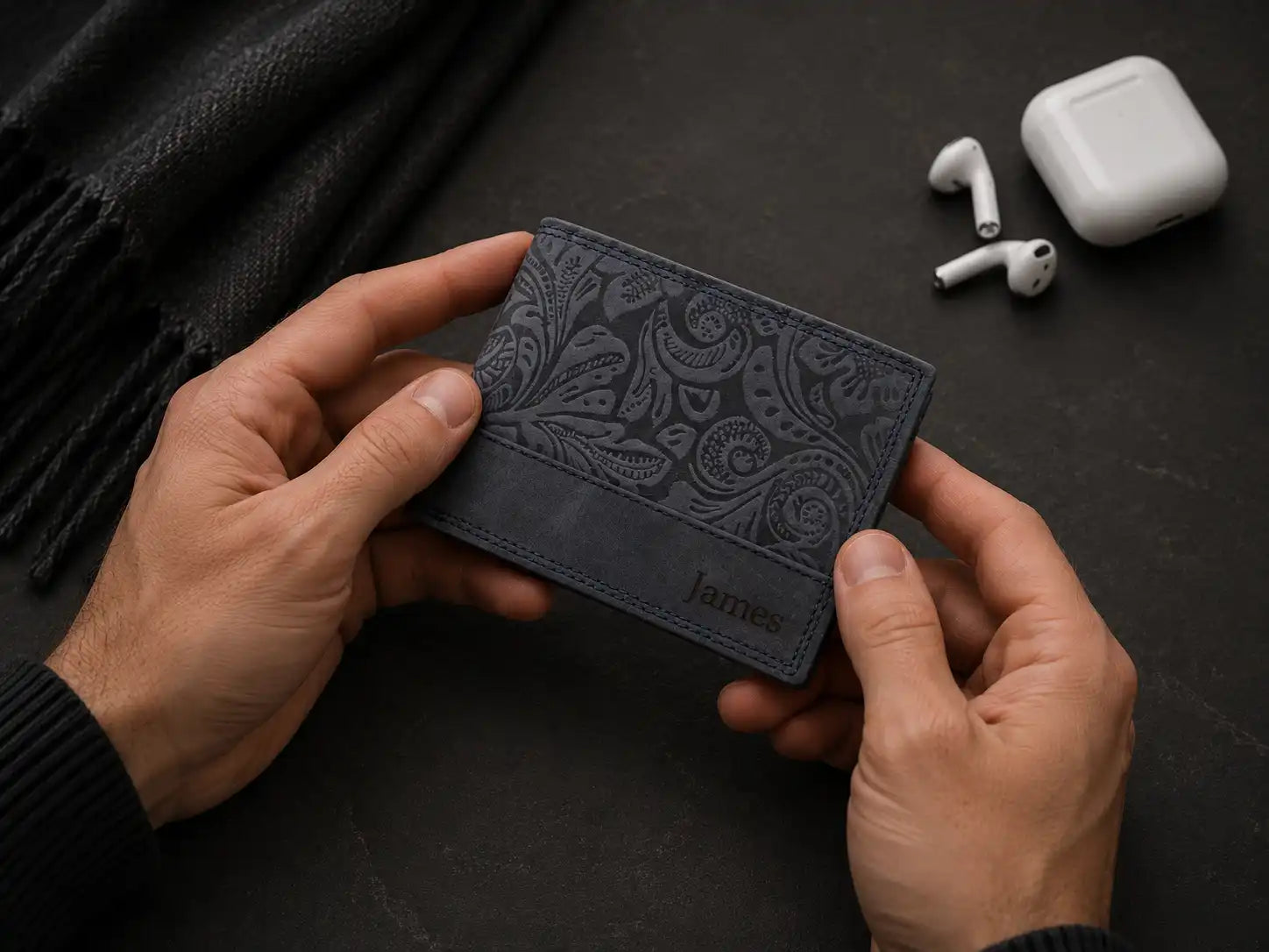 Personalised Navy Leather Wallet – Bifold Hunter Style with Floral Exterior & RFID