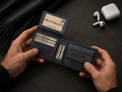 Personalised Navy Leather Wallet – Bifold Hunter Style with Floral Exterior & RFID