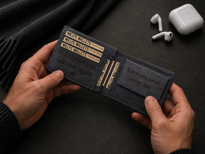 Personalised Navy Leather Wallet – Bifold Hunter Style with Floral Exterior & RFID