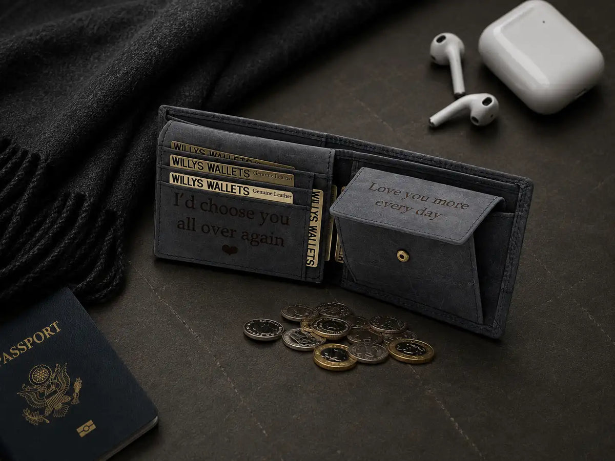 Personalised Navy Leather Wallet – Bifold Hunter Style with Floral Exterior & RFID