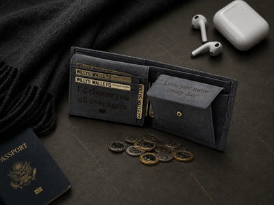 Personalised Navy Leather Wallet – Bifold Hunter Style with Floral Exterior & RFID