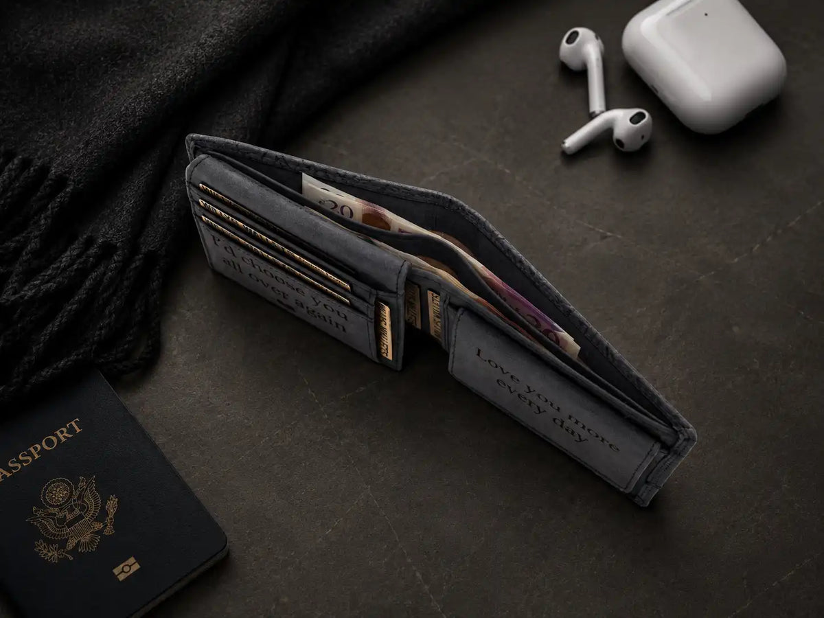 Personalised Navy Leather Wallet – Bifold Hunter Style with Floral Exterior & RFID