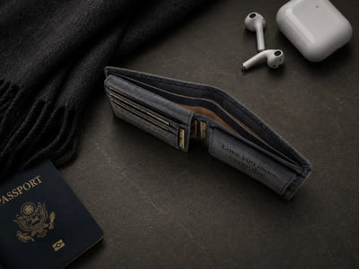 Personalised Navy Leather Wallet – Bifold Hunter Style with Floral Exterior & RFID