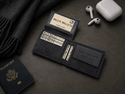 Personalised Navy Leather Wallet – Bifold Hunter Style with Floral Exterior & RFID