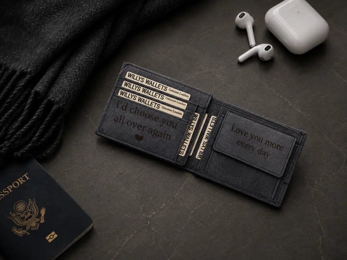 Personalised Navy Leather Wallet – Bifold Hunter Style with Floral Exterior & RFID