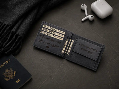 Personalised Navy Leather Wallet – Bifold Hunter Style with Floral Exterior & RFID