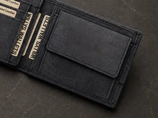 Personalised Navy Leather Wallet – Bifold Hunter Style with Floral Exterior & RFID