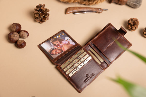 Personalised Engraved Brown Bifold Leather Wallet With Coin Pocket