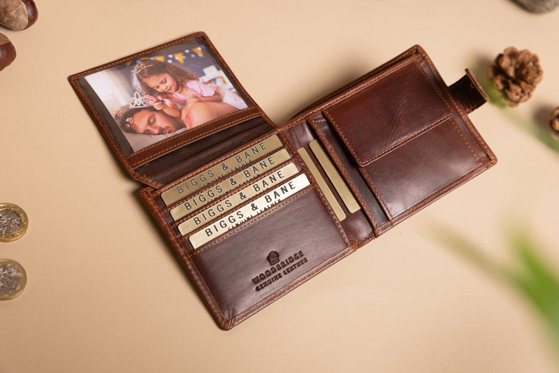 Personalised Engraved Brown Bifold Leather Wallet With Coin Pocket