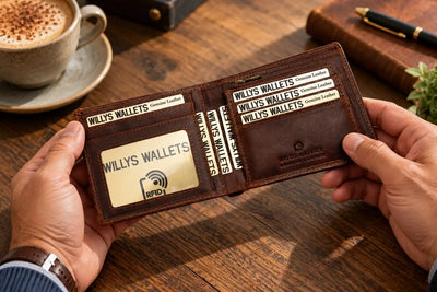Open brown bifold leather wallet showing card and note compartments