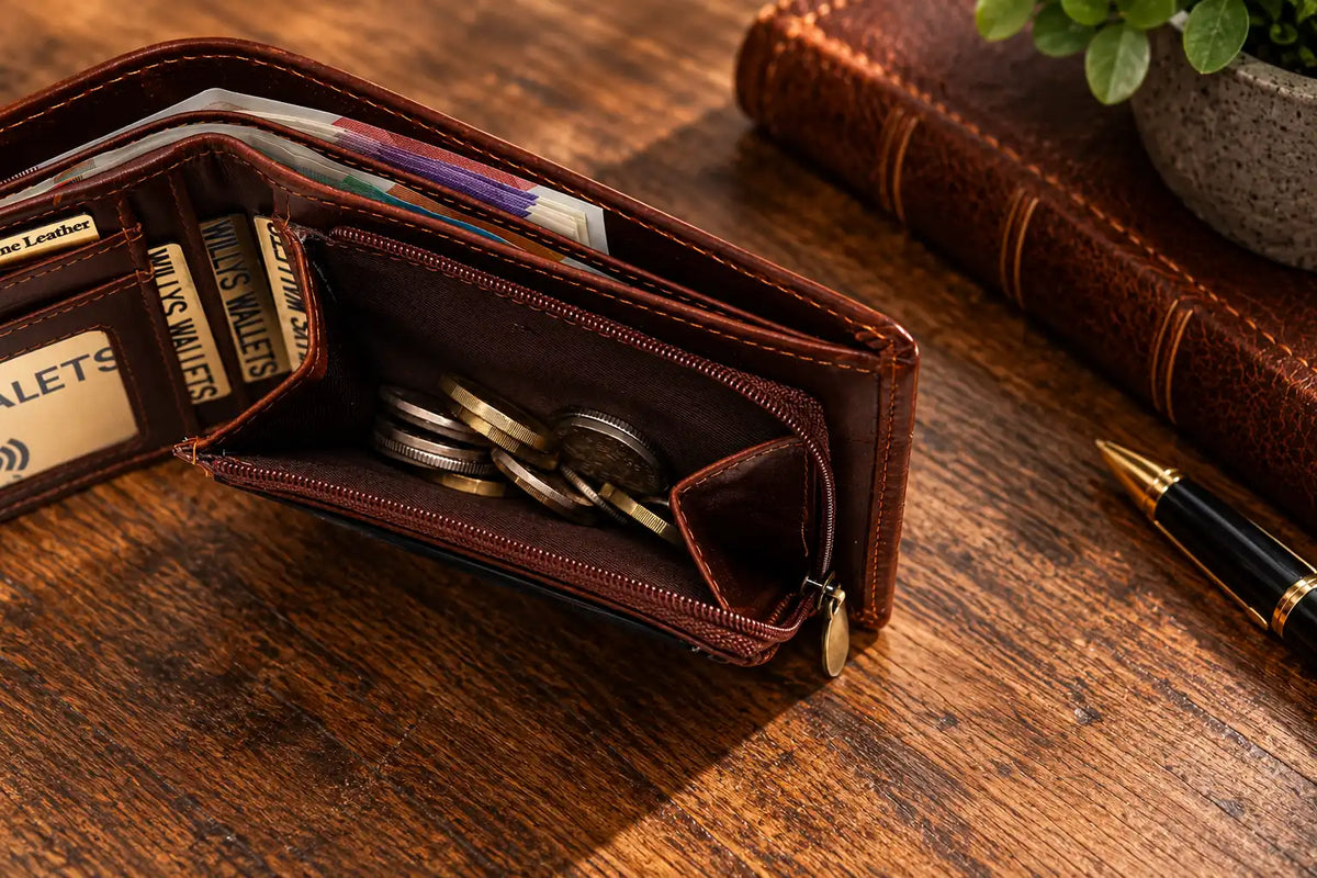 Brown leather men's wallet with zipped coin pocket