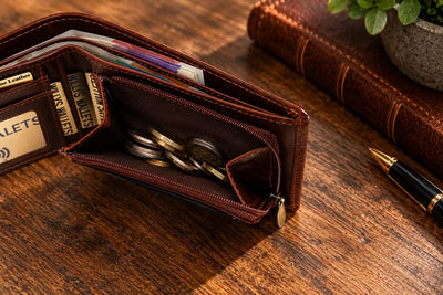 Brown leather men's wallet with zipped coin pocket