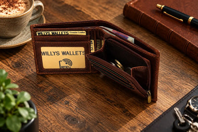 Classic brown leather men's bifold wallet with stitched edges