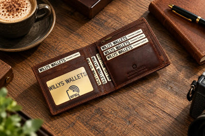 Men's brown leather bifold wallet shown in hand for size reference