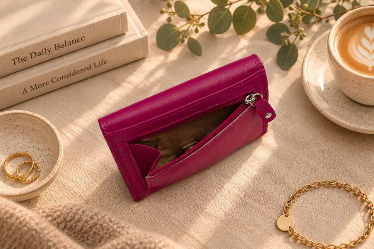 Pink genuine leather ladies purse with open rear zipped coin compartment