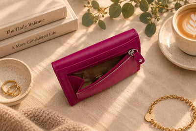 Pink genuine leather ladies purse with open rear zipped coin compartment