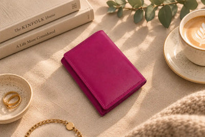 Personalised pink leather purse for women with decorative monogram engraving