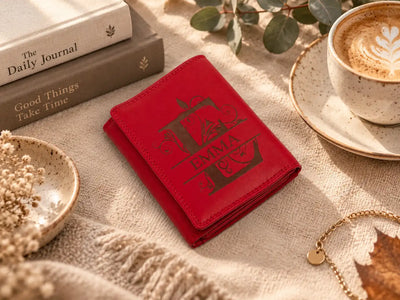 Personalised red leather purse for women with Emma monogram engraving