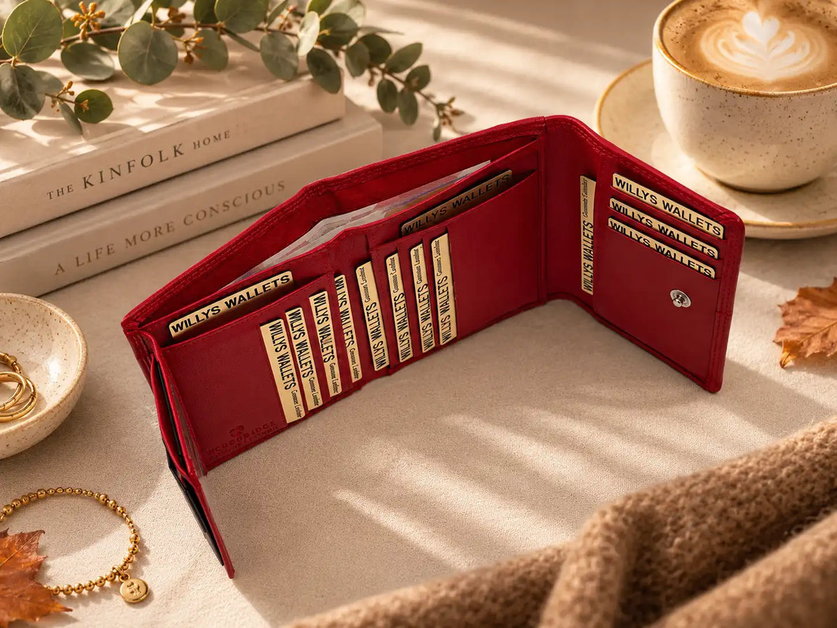 Red genuine leather ladies purse showing multiple card slots and note compartment